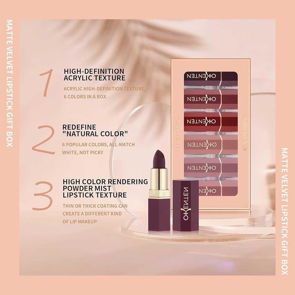 6 Pcs High Pigmented Lipstick Set – Cream Formula, Matte Texture, Shades of Red & Pink, Long Lasting